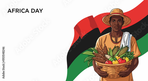 Vibrant Africa Day illustration featuring farmer with fresh produce and flag in background. Africa Day design highlights agricultural abundance and cultural pride, promoting unity.