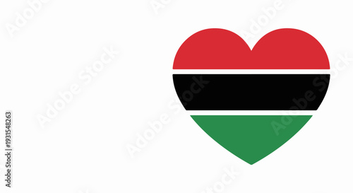 Pan African heart symbol with red, black, green stripes on white background. Pan African heart embodies unity, liberation, pride for African diaspora.