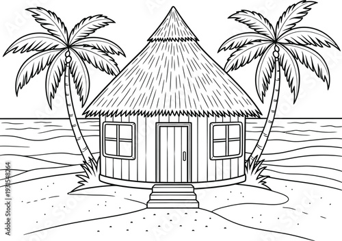 A serene tropical hut with palm trees on a beach by the ocean shore