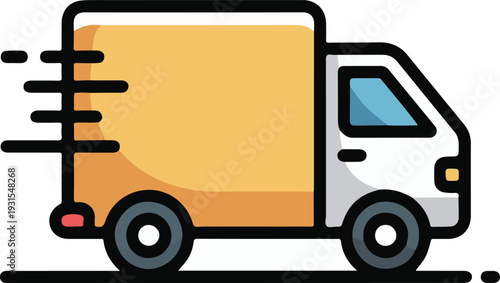 Cartoon style delivery truck with yellow and white body moving fast on road
