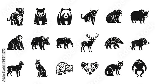 Collection of Various Animal Silhouettes and Icons.