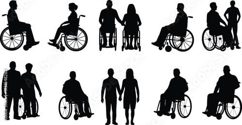 Wheelchair users and caregivers silhouettes set, disabled people mobility support and assistance isolated black vector illustration collection on white background
