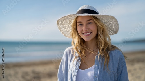 Smiling young woman wearing a straw hat on a sunny beach with ocean background