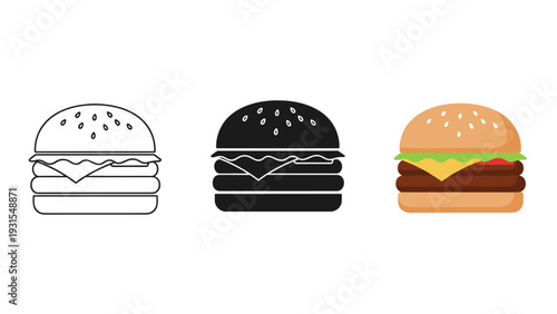 Three different styles of burgers are shown side by side Vector