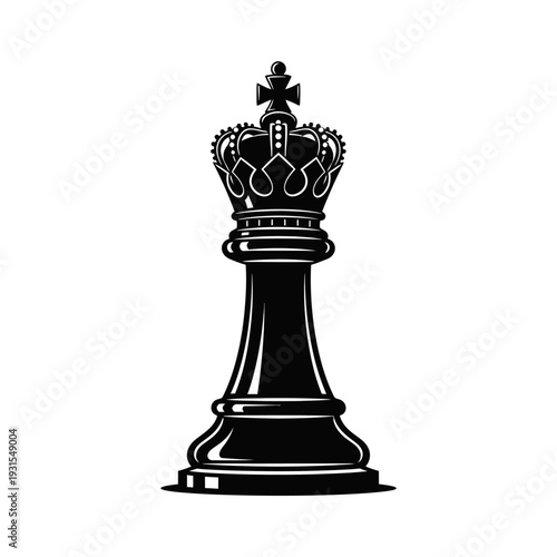 Black King Chess Piece Silhouette, Strategy Game Icon, Isolated on White Background