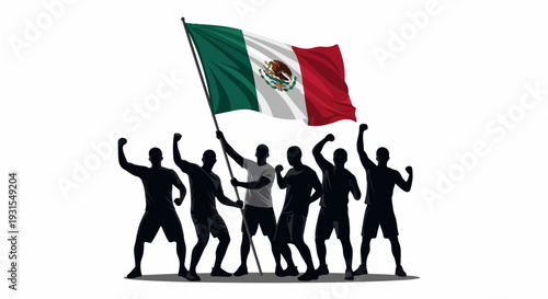Mexico flag displayed by enthusiastic silhouettes of cheering people, fists raised in triumphant solidarity. Mexico flag symbolizes national identity, unity. Mexico flag for campaigns, events,