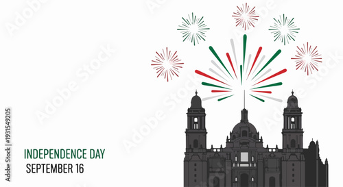 Mexican Independence Day celebration with historic cathedral silhouette and vibrant fireworks in national flag colors. Festive scene commemorates Mexican Independence Day, symbolizing national pride.