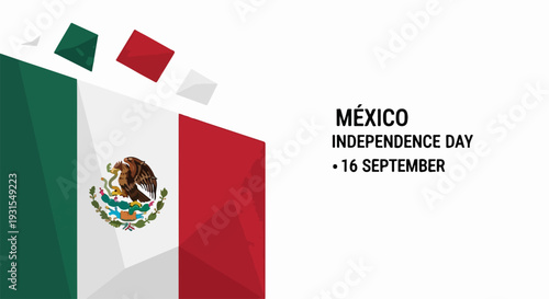 Stylized Mexico Independence Day flag with national emblem and official September 16 date. Mexico Independence Day artwork displays patriotic colors green, white, red, and emblem.