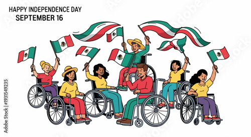 Diverse group people in wheelchairs celebrating Mexican Independence Day, holding national Mexican flags. September 16 Mexican Independence Day signifies freedom, national identity, cultural heritage.