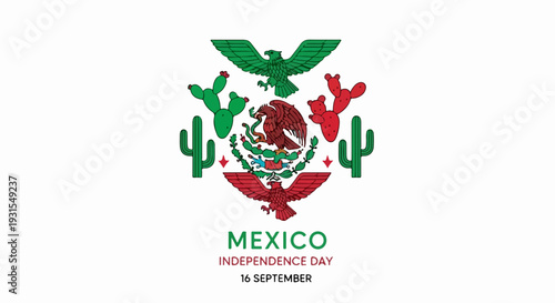 Mexico Independence Day emblem illustration, featuring stylized eagle and snake, nopal cactus, and national colors. Mexico Independence Day elements symbolize national pride and heritage,