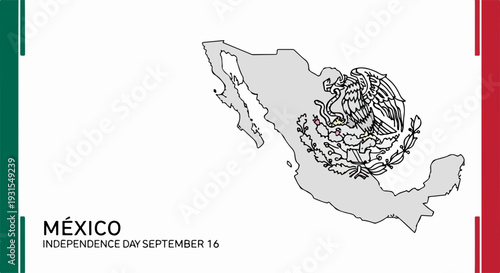 Mexican Independence Day concept featuring country map outline with national emblem, flag colors, and patriotic elements.