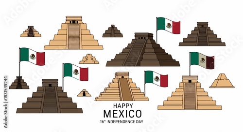 Illustration celebrating Mexican Independence Day with ancient pyramids and national flags. Mexican Independence Day features historical architecture and cultural symbols, symbolizing rich heritage.