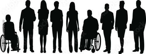 Diverse people silhouettes collection, including wheelchair users, business professionals, standing men and women, inclusive community group set