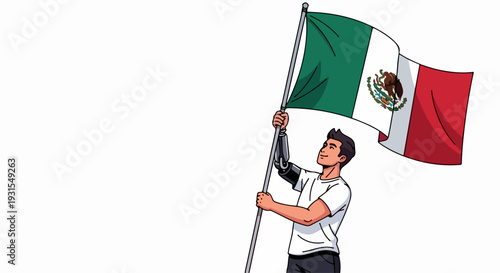 Man holding Mexican flag, showcasing national pride. Youthful figure with prosthetic arm displays Mexican flag, representing national identity. Illustration of Mexican flag for cultural events,