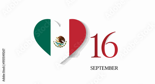 Mexican Independence Day emblem with patriotic heart flag, Mexican flag colors, date 16 September. Festive Mexican Independence Day design for holiday events, cultural celebrations.