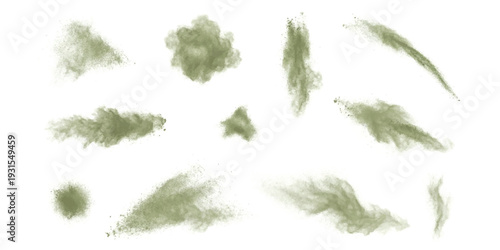 Set of green powder explosion clouds and smoke bursts isolated on white background abstract vector illustration for design projects