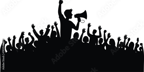 Silhouette of man holding megaphone with protesting crowd, activist leading people, revolution and public demonstration concept set