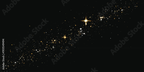 Sparkling golden stars and glitter trail on black background for festive magic celebration abstract vector illustration design element