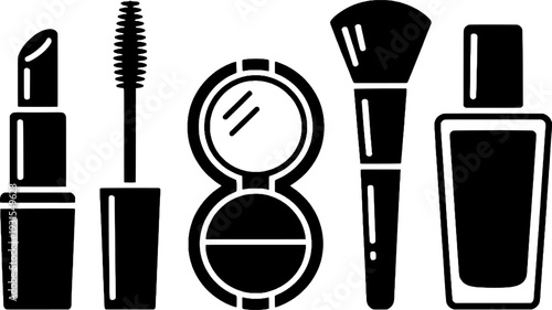 Set of Beauty Essentials: Lipstick, Mascara, Compact Mirror, Makeup Brush, and Perfume Bottle