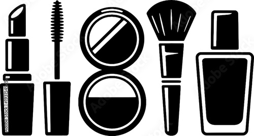 Black and White Vector Icons of Lipstick, Mascara Wand, Compact, Brush, and Fragrance