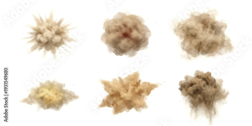 Collection of realistic dust explosion clouds and sand burst effects isolated on white background vector illustration for game design