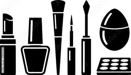 Beauty Icons Featuring Lipstick, Nail Varnish, Makeup Brush, Liquid Liner, Sponge, and Palette