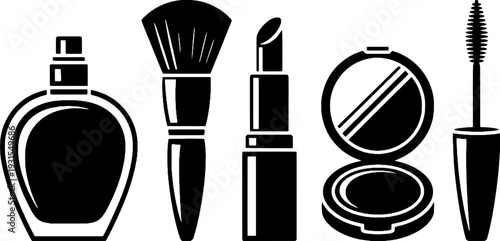 Fragrance and Beauty Set: Perfume, Makeup Brush, Lipstick, Compact Mirror, and Mascara