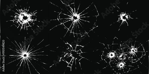 Set of broken glass bullet holes with shattered cracks on black background realistic vector illustration for crime and action designs
