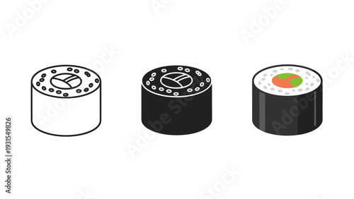 Three sushi rolls with different fillings and toppings Vector