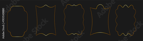 Elegant collection of ornamental decorative frames with golden outline on dark background. Luxury badge and label shapes for branding and premium packaging design.