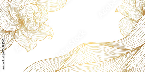 Elegant gold line art floral background with abstract waves and blooming flowers for luxury wedding invitations or decorative banners vector illustration