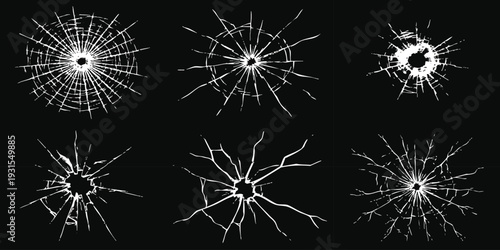 Set of broken glass bullet holes with radiating cracks on black background realistic vector illustration for crime and action designs