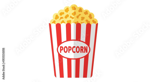 A red and white striped popcorn container overflowing with golden yellow kernels