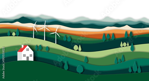 Sustainable Living: Paper Cut Landscape with Green Home & Wind Turbines on Rolling Hills