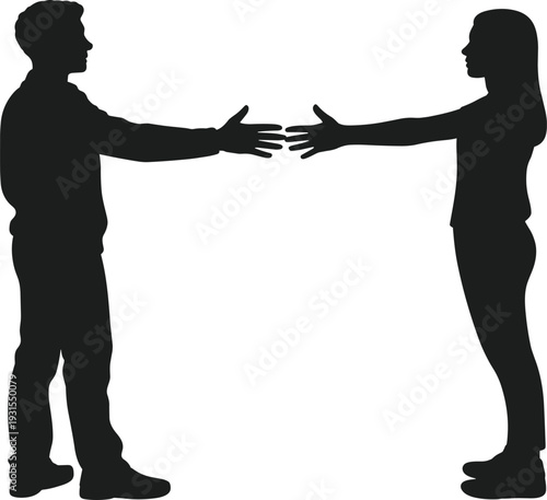 Silhouette of man and woman reaching for handshake, professional business meeting, partnership agreement, successful cooperation, social connection