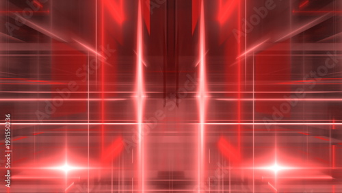Bright red lights shine through a series of lines and shapes, forming a unique design in a digital art display within a city gallery during the evening. 3d render