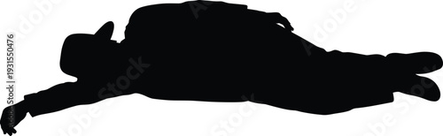 Silhouette of man lying down on floor, male figure resting, person sleeping, exhausted body, horizontal position