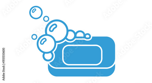 Blue soap bar with bubbles floating above depicted in a simple icon style