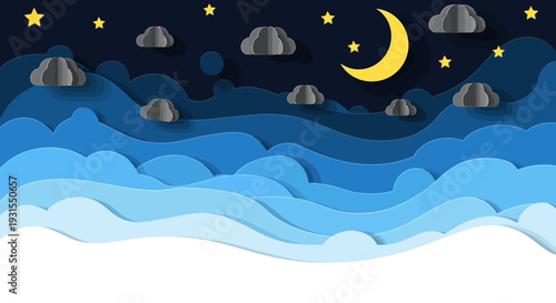 Dreamy Paper Cut Night Scene with Crescent Moon, Stars, Clouds, and Layered Blue Landscape