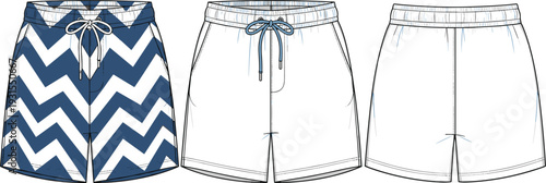 Men's swim shorts technical flat sketch vector featuring chevron zigzag pattern and drawstring elastic waistband for beachwear and summer fashion.
