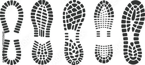 Shoe footprints and boot sole prints collection set, walking trails, detective investigation tracking, human step marks