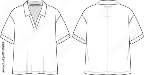 Fashion technical sketch of a women v neck short sleeve polo shirt vector set including front and back views for apparel design template tech pack.