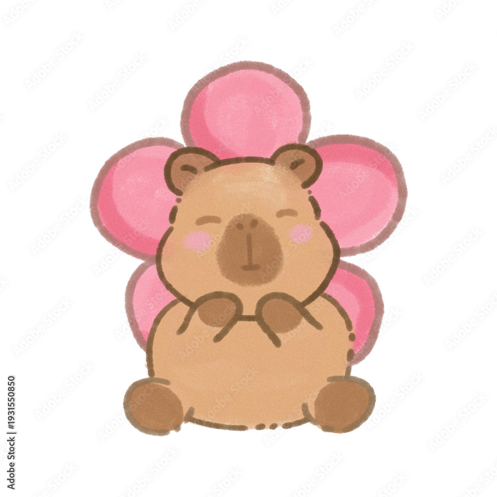Fototapeta premium Illustration of a capybara with pink flowers behind its head