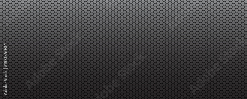 Dark grey abstract wide horizontal banner with hexagon carbon fiber grid and orange luminous lines. Technology vector background with orange neon lines