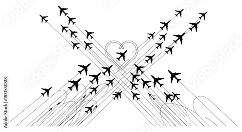 black silhouette airplanes forming a heart shape with flight paths symbolizing love global connections and romantic travel journeys