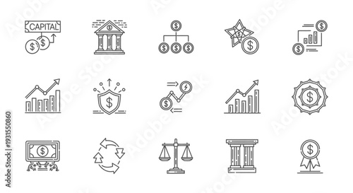 financial and business line icons illustrating capital banking investment security and economic growth concepts for presentations.
