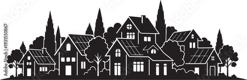 Black and white illustration of a small town village scene