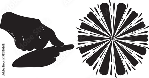 Hand touching a flower shaped abstract design in black