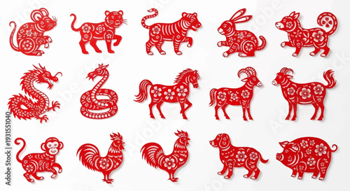 Red Chinese Zodiac Animals Paper Cut Collection: Lunar New Year Horoscopes & Traditional Asian Art Set