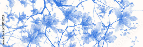 Blue cyanotype magnolia botanical background. Stipple dot overlay texture with flower and twig silhouette. Delicate indigo blue nature banner for template and graphic design project.